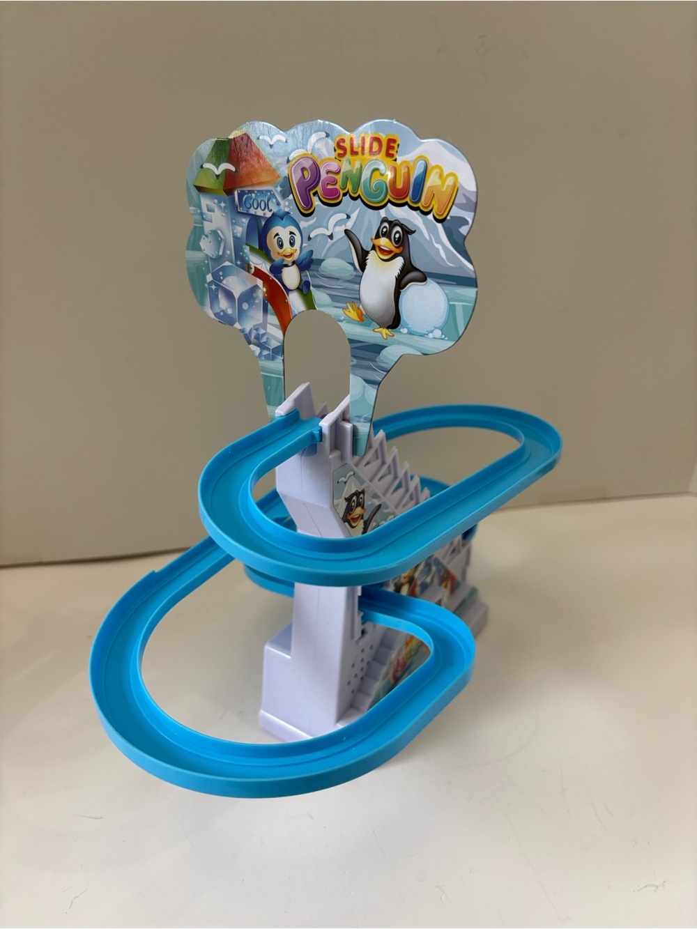Penguin Blue & White Spiral Slide Playset w/ Red, Blue & black Penguins & music